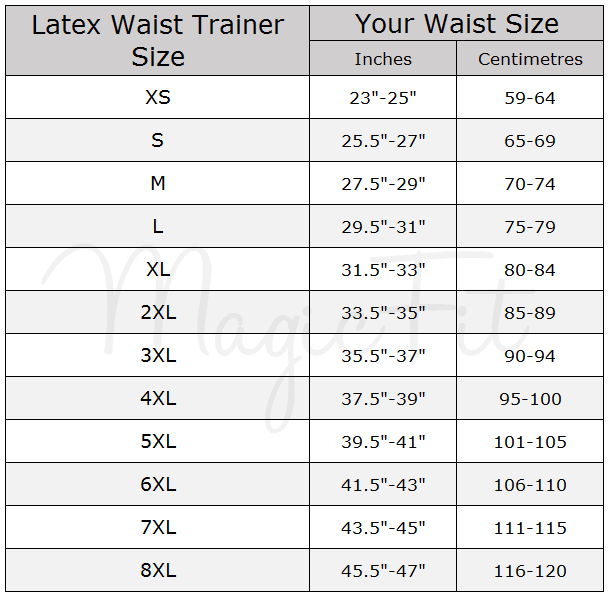 MagicFit Latex Waist Trainer Size Chart 